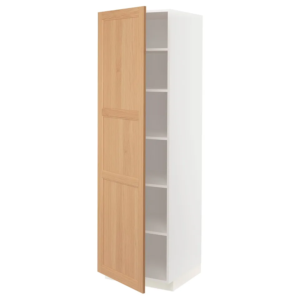 An open ikea METOD kitchen cabinet with a light oak door and white frame, featuring multiple shelves.