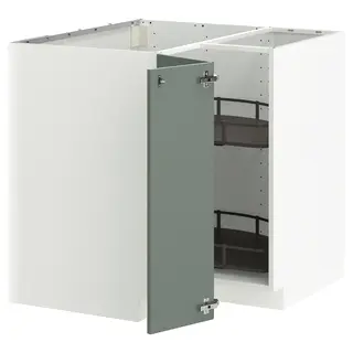 METOD corner base cabinet with carousel, white/Nickebo matt grey-green, 88x88x80 cm