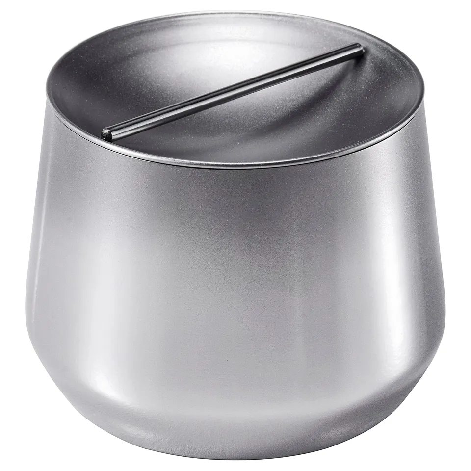 AFTONHAJ silver metal jar with lid and handle. Round, shiny stainless steel design.