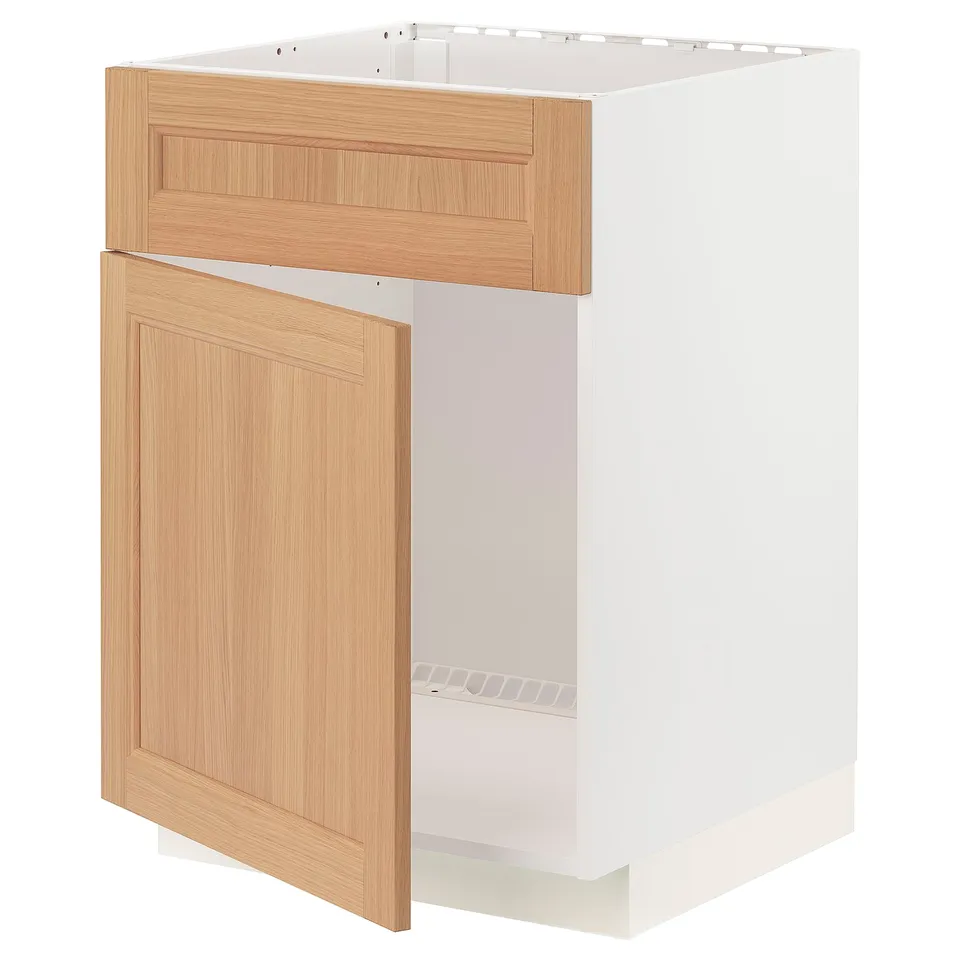 An ikea METOD kitchen cabinet in white and oak, featuring a single door.