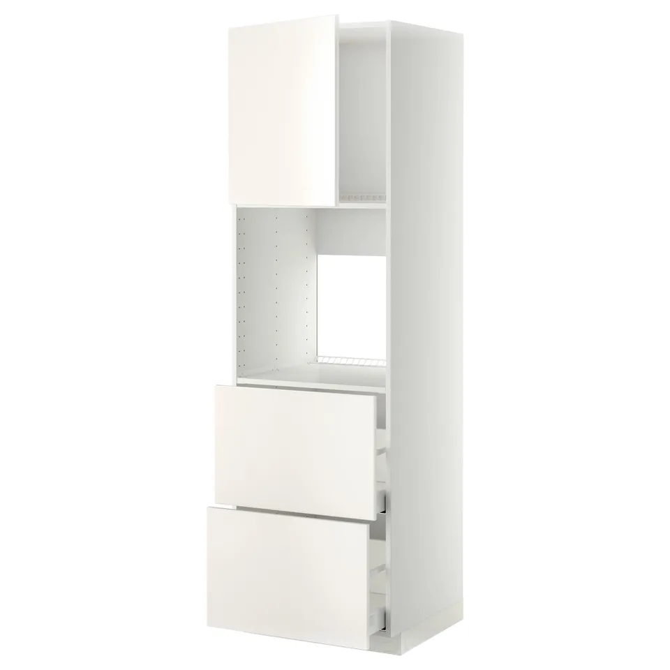A white METOD kitchen cabinet with two drawers and an open shelf. The cabinet has a sleek, modern design with a white finish.