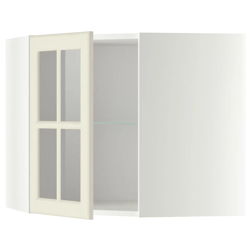 White METOD kitchen cabinet with glass door & bevelled edges.