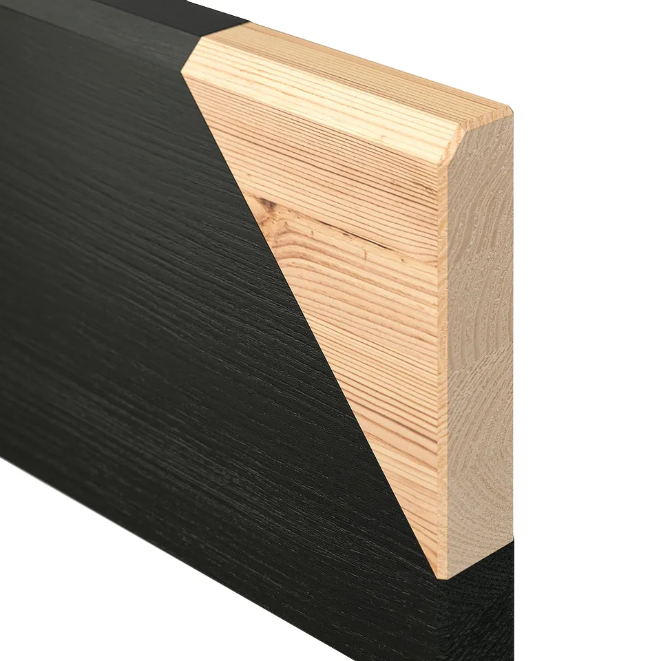 Cross-section of layered wood furniture. Top, side, and bottom layers appear in pine. Interior layers in fibreboard.