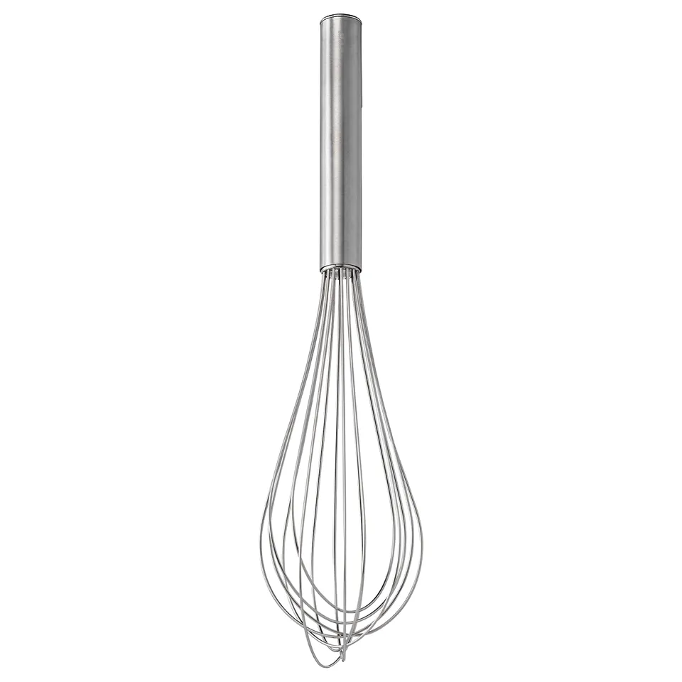 KONCIS silver whisk, stainless steel, easy grip handle, rounded wire shape.