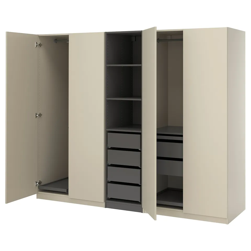An open beige ikea PAX wardrobe with shelves and drawers.
