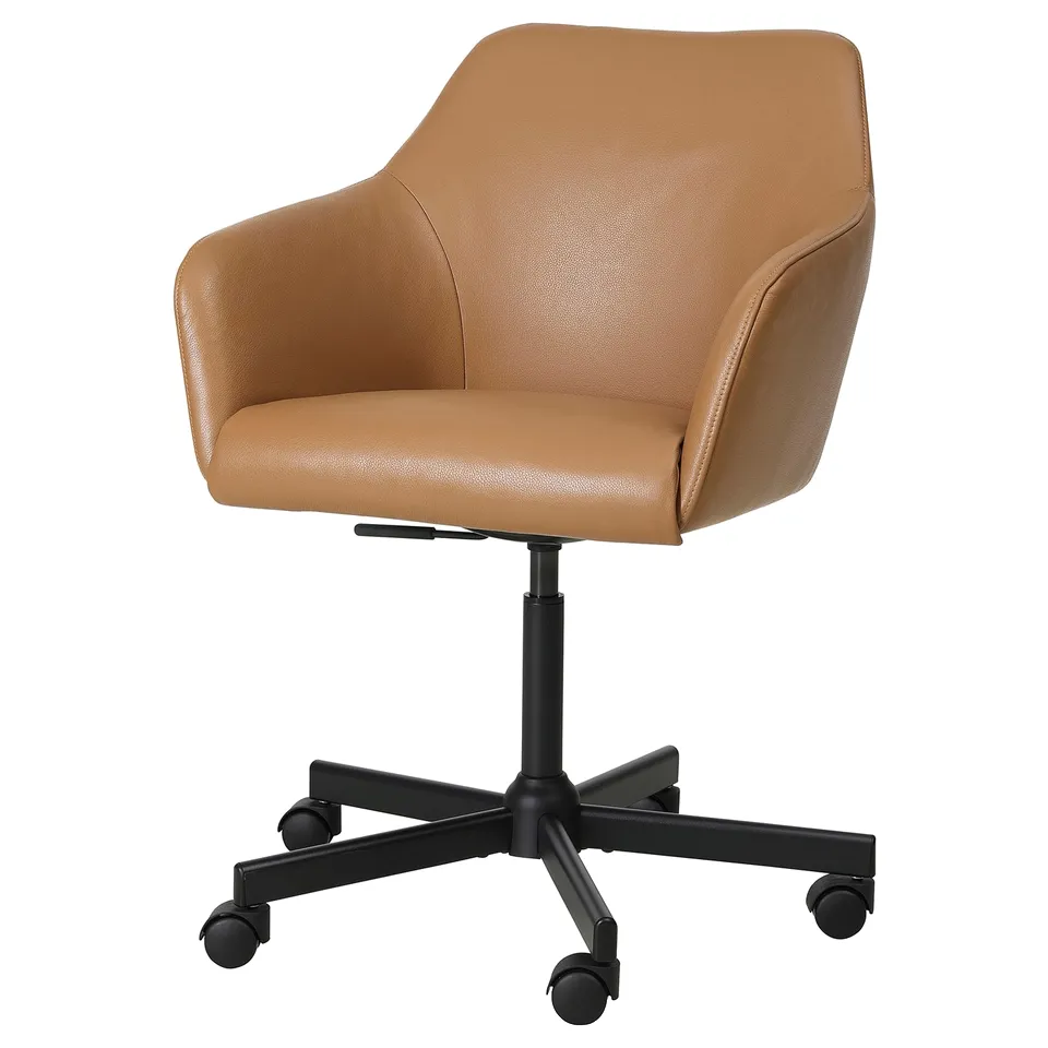 Brown leather swivel office chair with padded seat and back, five black casters, adjustable height.
