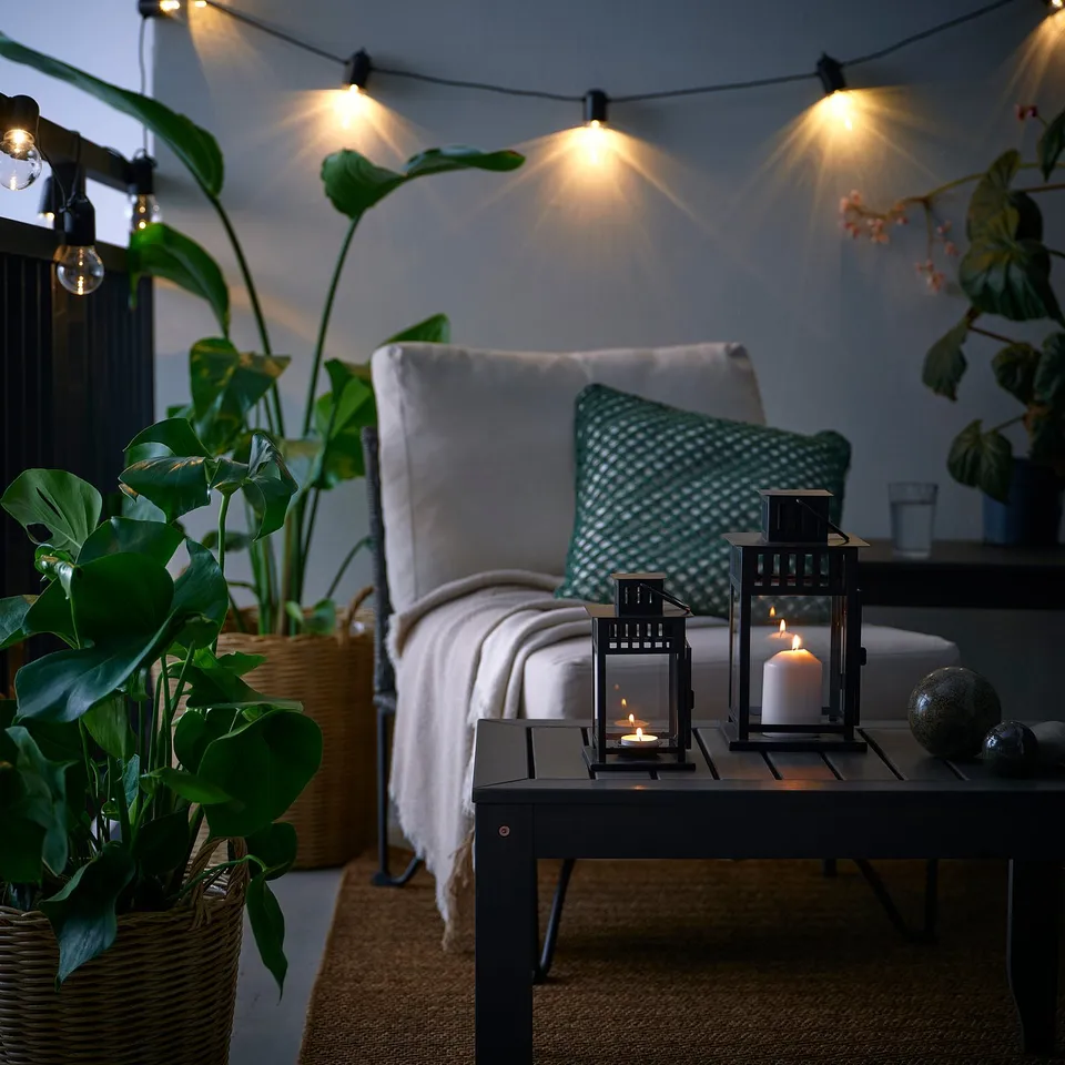 BORRBY Lantern for tealight, in/outdoor black, 20 cm