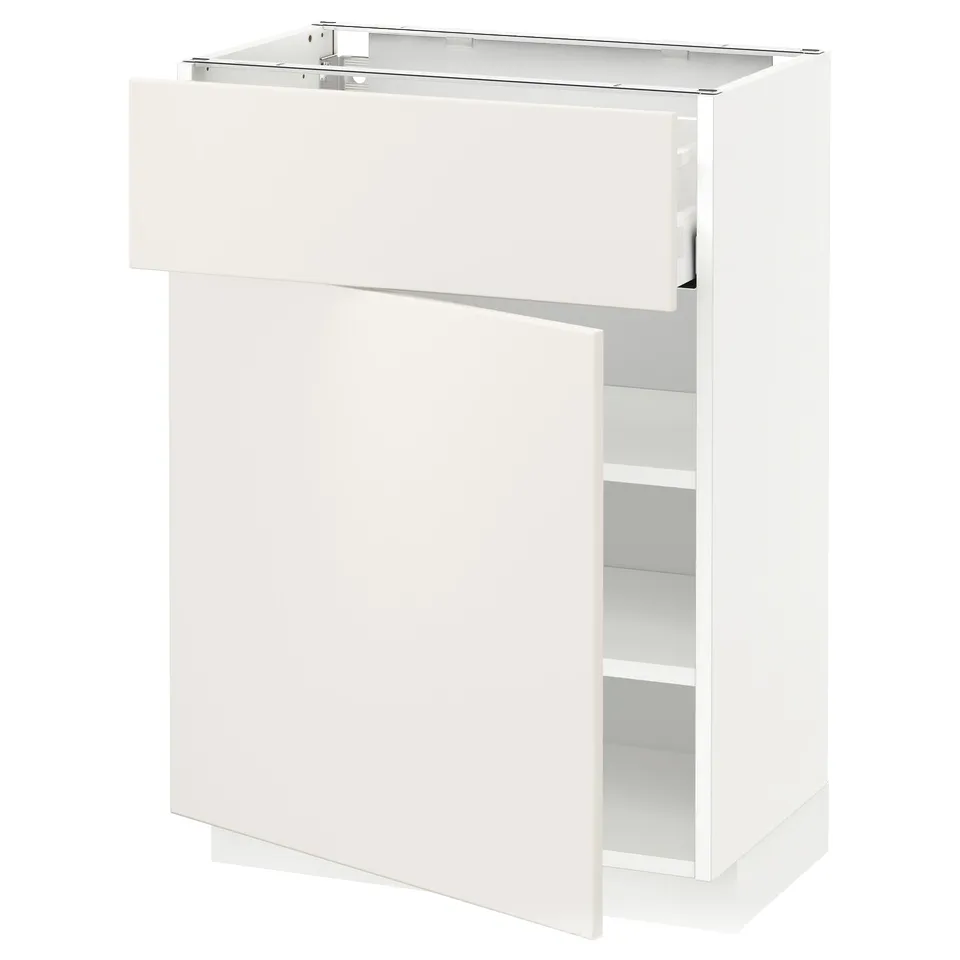 White METOD kitchen cabinet with smooth veddinge fronts, one drawer, two shelves.
