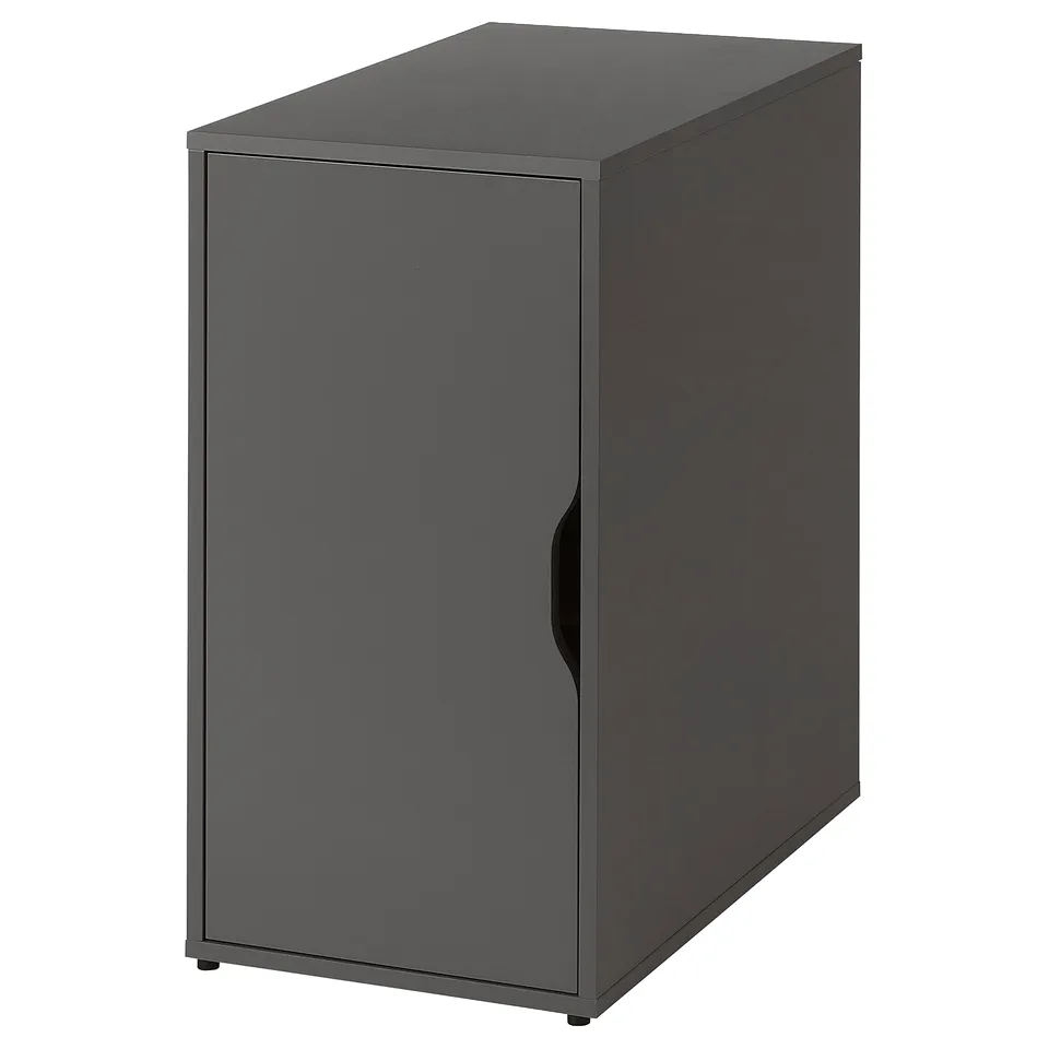 LAGKAPTEN desk, sleek grey, modern minimalist design, 4 legs, a single door cabinet with a handle.