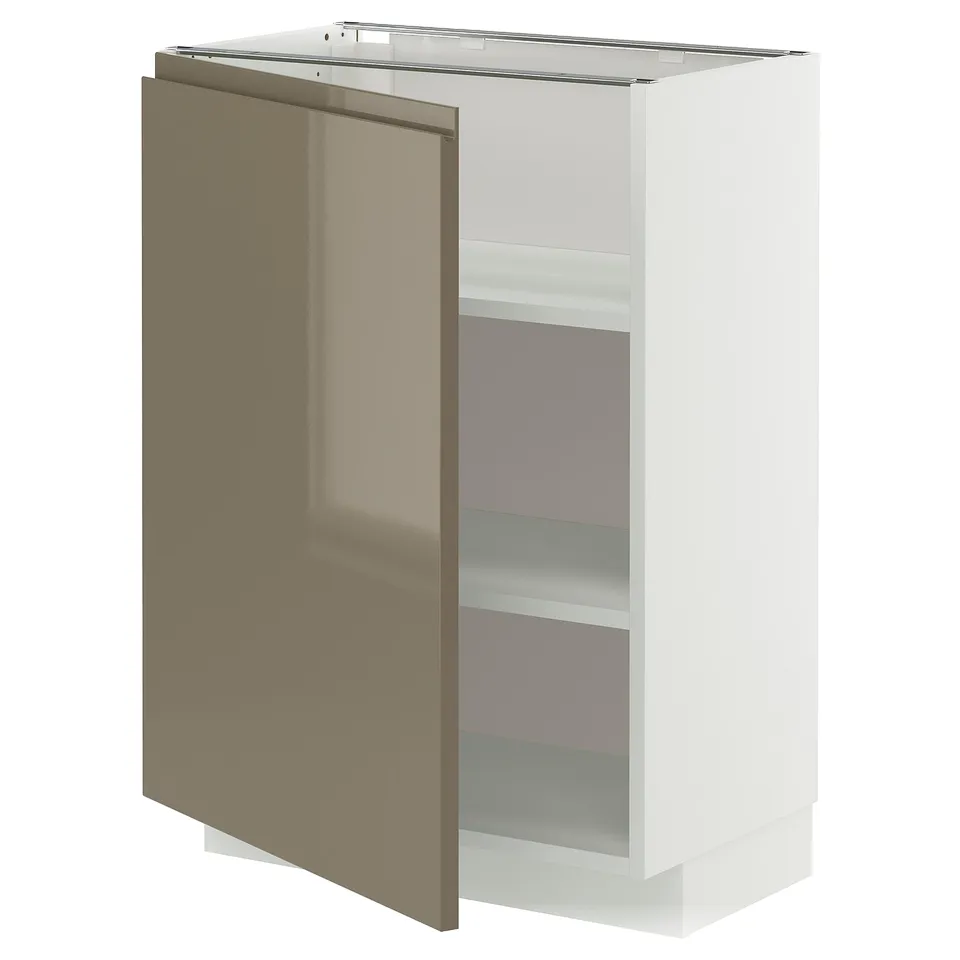 Modern METOD cabinet with glossy dark brown door, 3 shelves, sleek handles, and clean white frame.