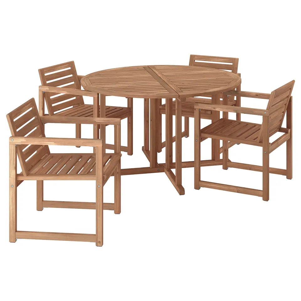 NÄMMARÖ round patio set, natural wood, six chairs, central table.