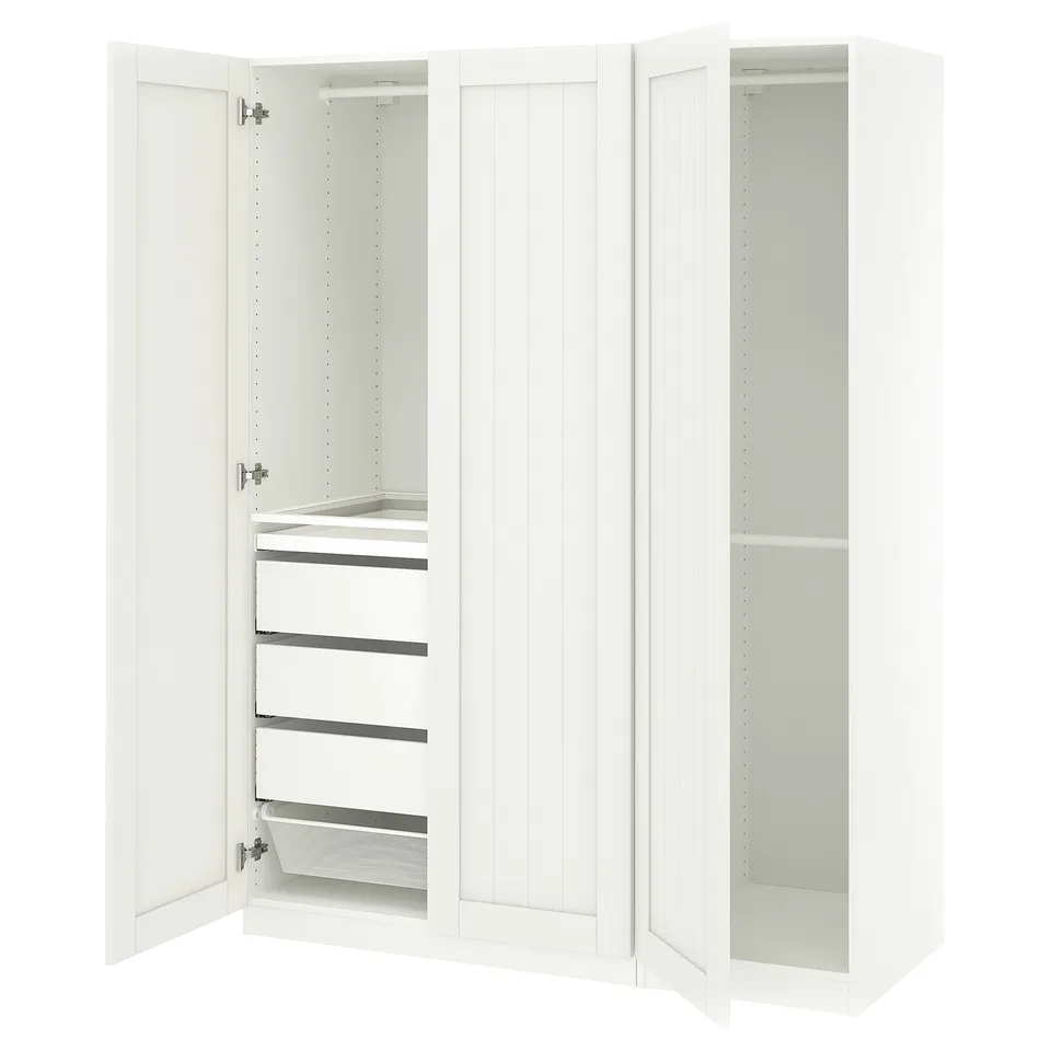 White PAX wardrobe with open doors showing shelves and drawers, modern minimalist design.