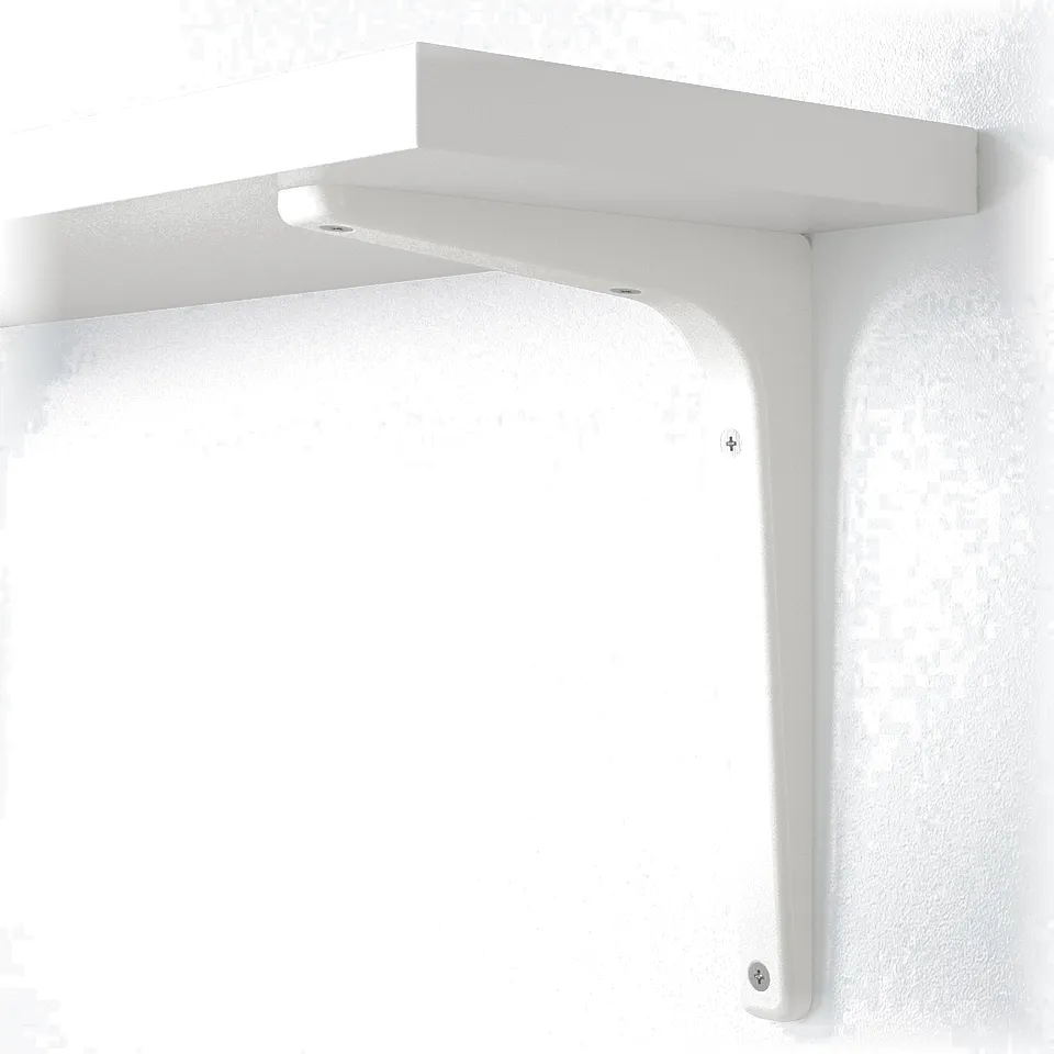 White metal shelf bracket mounted on a wall, showcasing clean lines and sturdy construction, suitable for various shelf depths.
