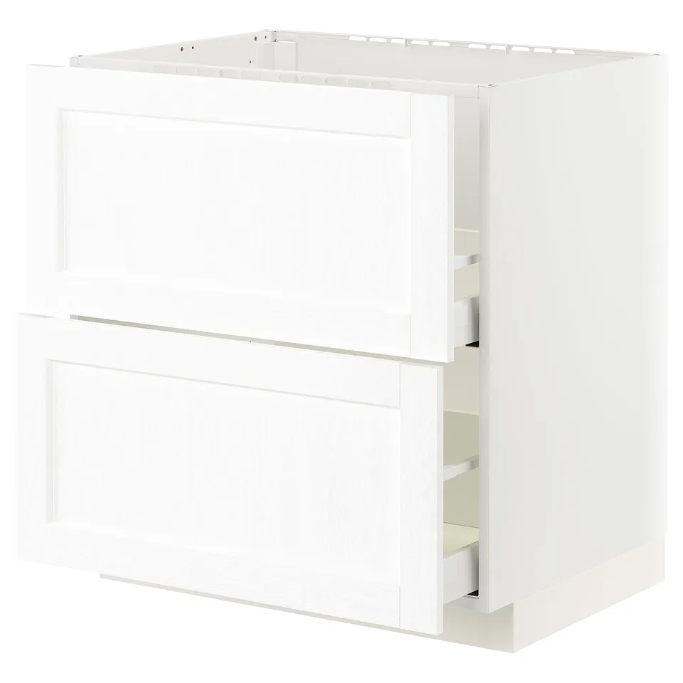 White METOD kitchen cabinet, modern design, wooden texture, three shelves.