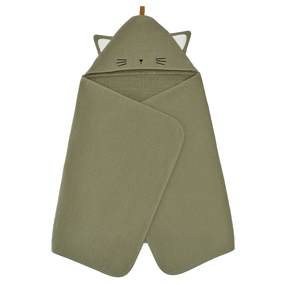 GULDVÄVARE olive green organic hooded towel, cat design, with recycled stitching, ideal for kids.