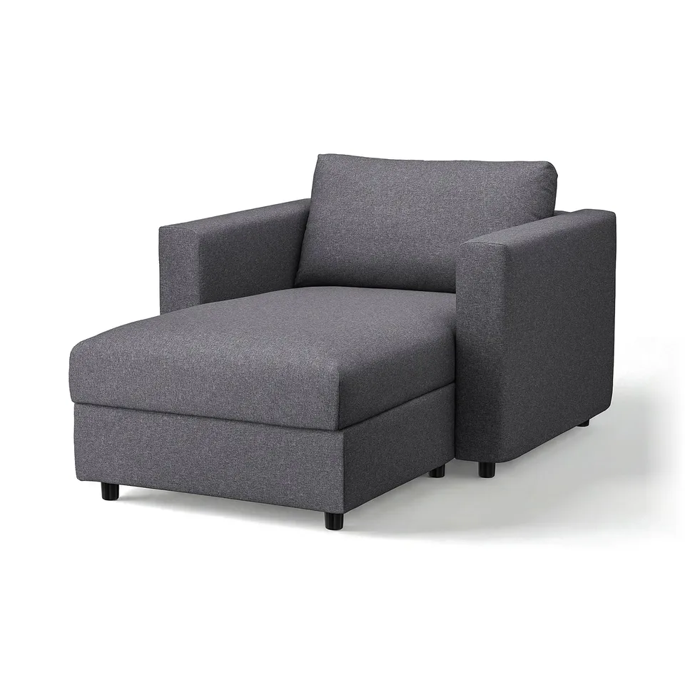 Modern grey VIMLE sectional sofa with storage chaise, clean lines.