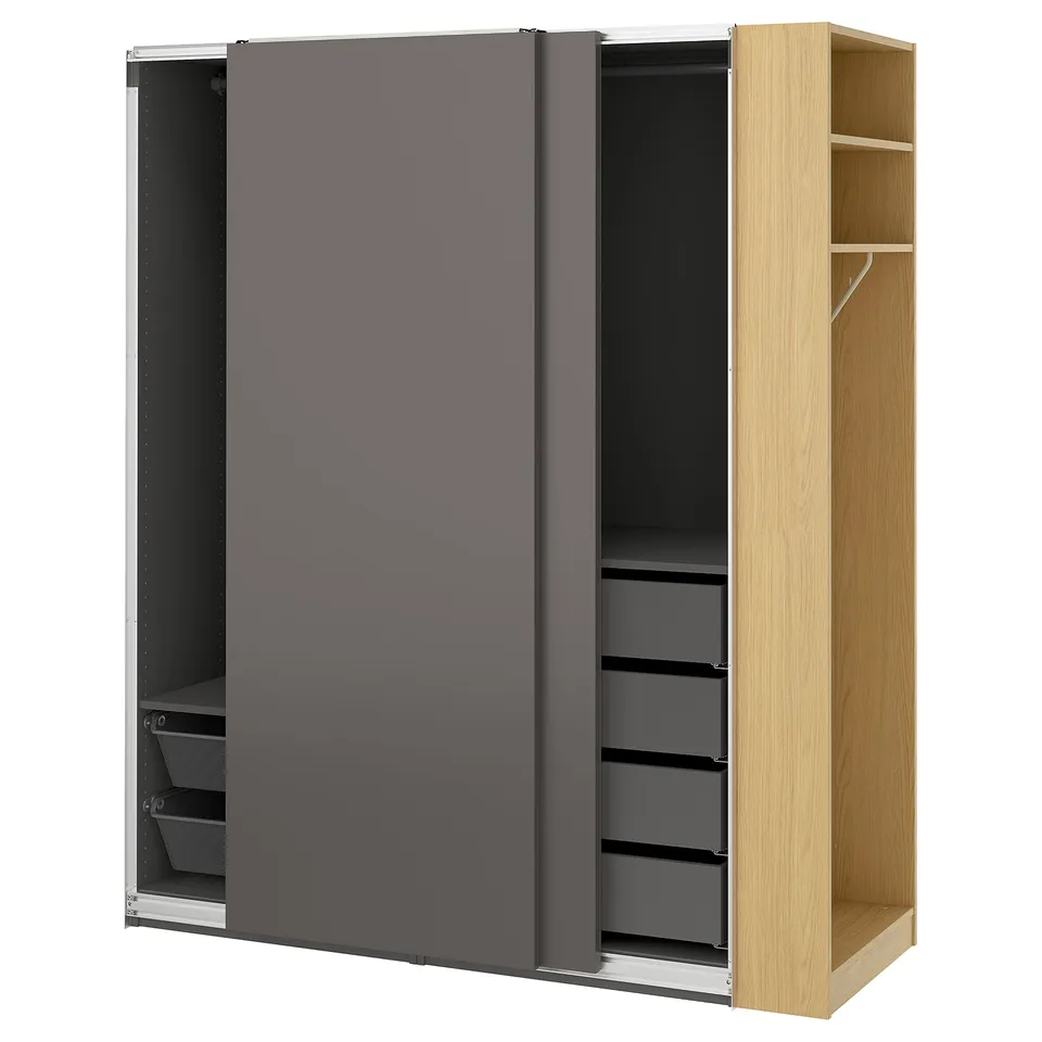 PAX / HASVIK Wardrobe combination, dark grey dark grey/oak effect, 170x66x201 cm