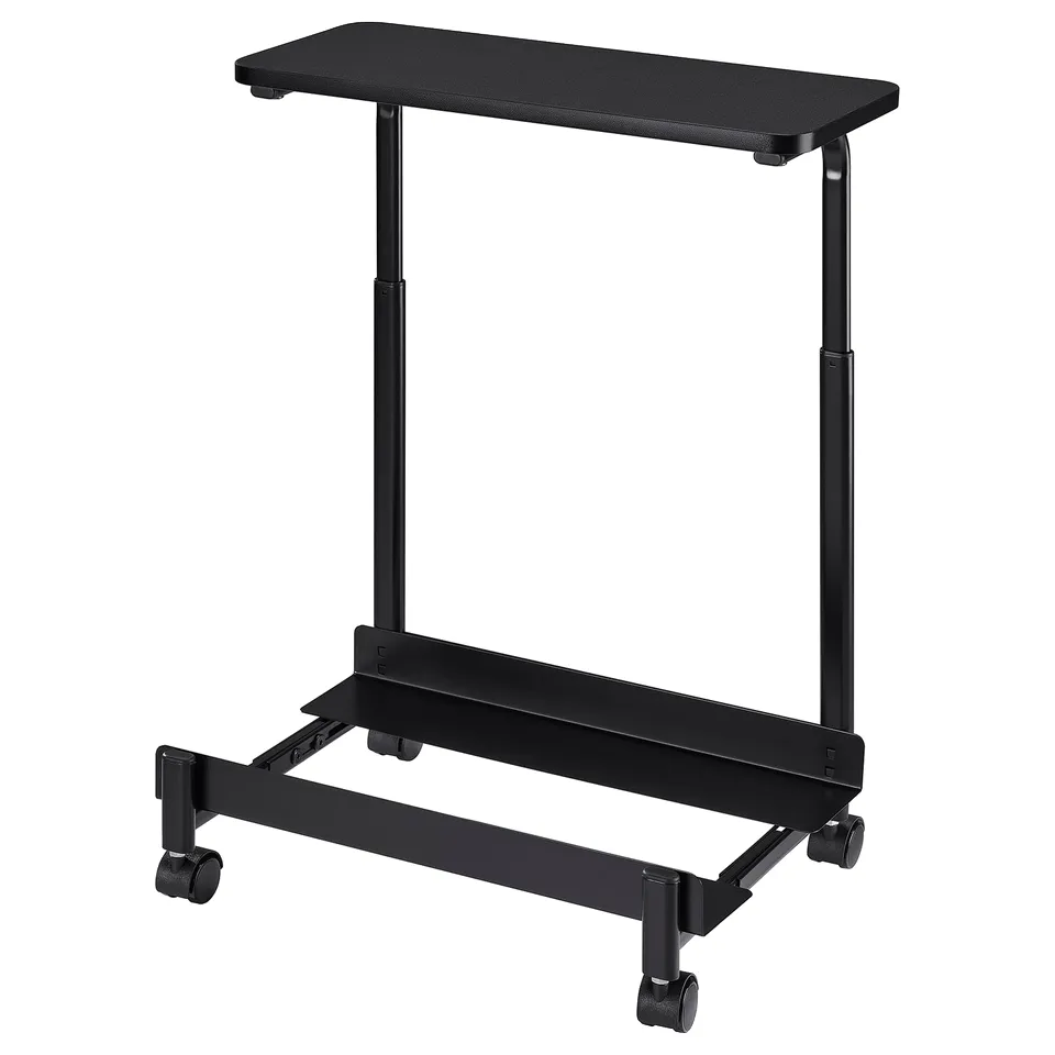 Black LÅNESPELARE computer tower cart with adjustable width/height, top shelf, and casters.