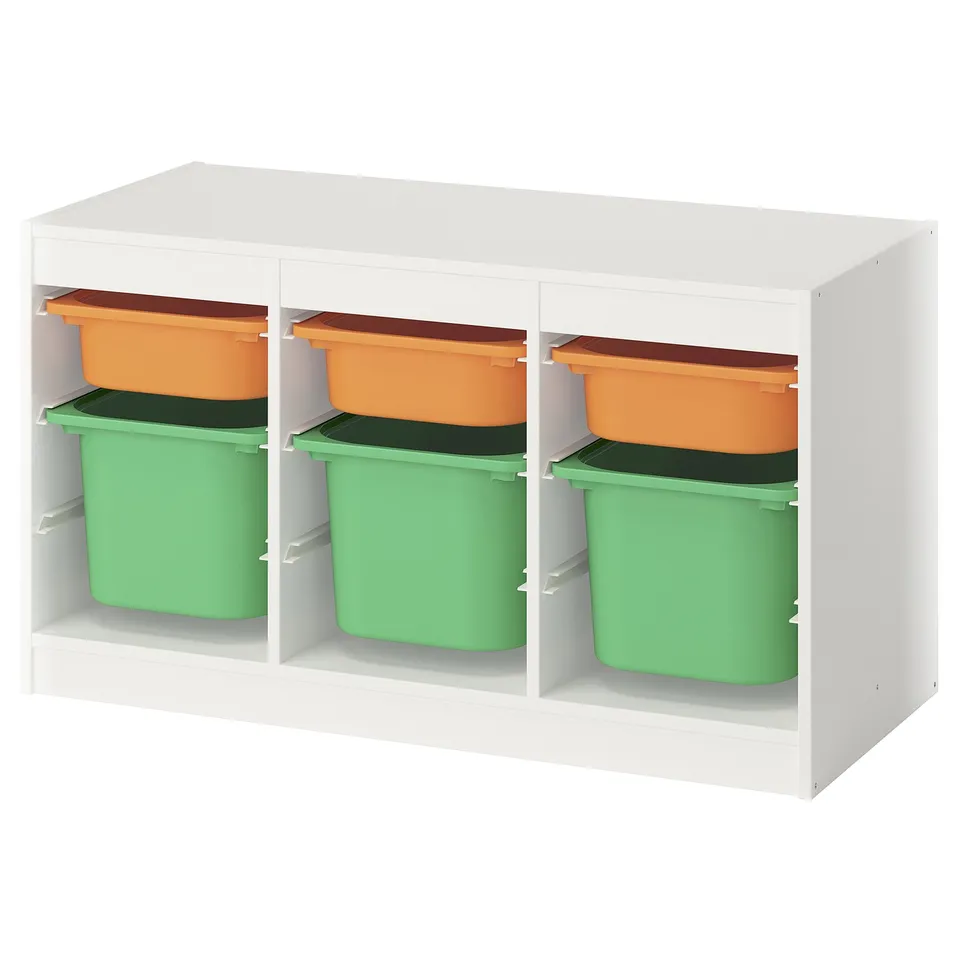 TROFAST white shelf with orange/green bins, plastic & wood, cubed design.