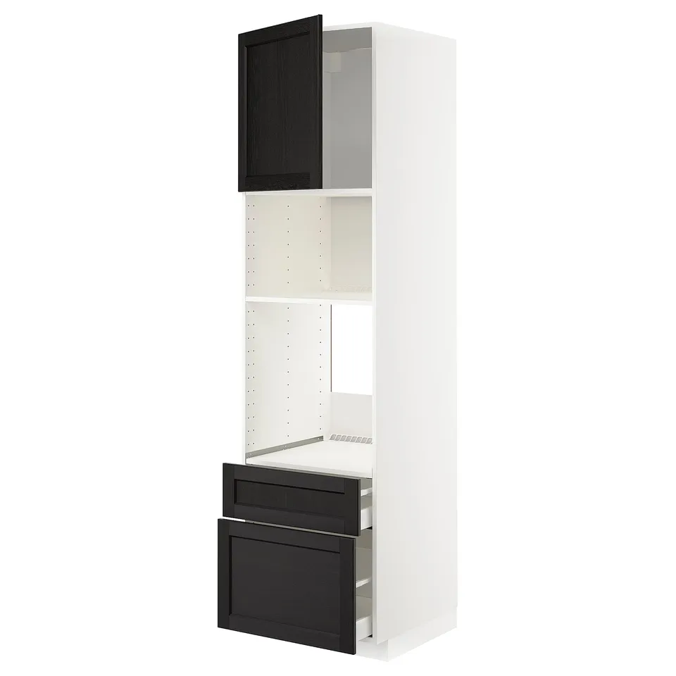 Modern white kitchen cabinet with black stained wooden doors and drawer, adjustable shelves.