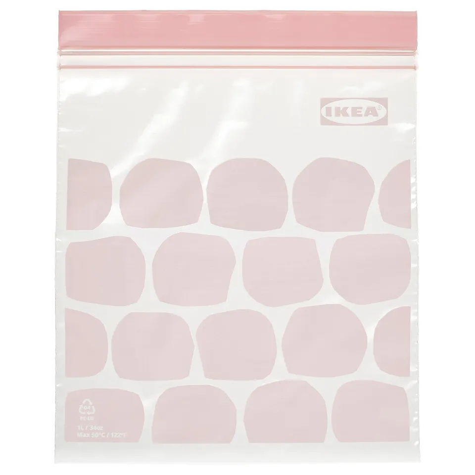 IKEA ISTAD plastic bag, light pink, rectangular, zip-top closure.