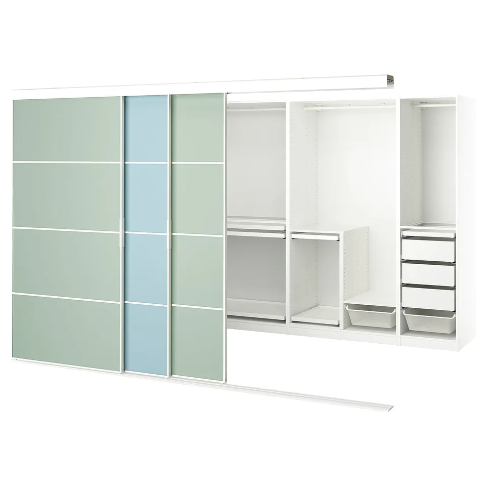 Modern white wardrobe with glass door panels, metal handles; includes shelves and drawers.