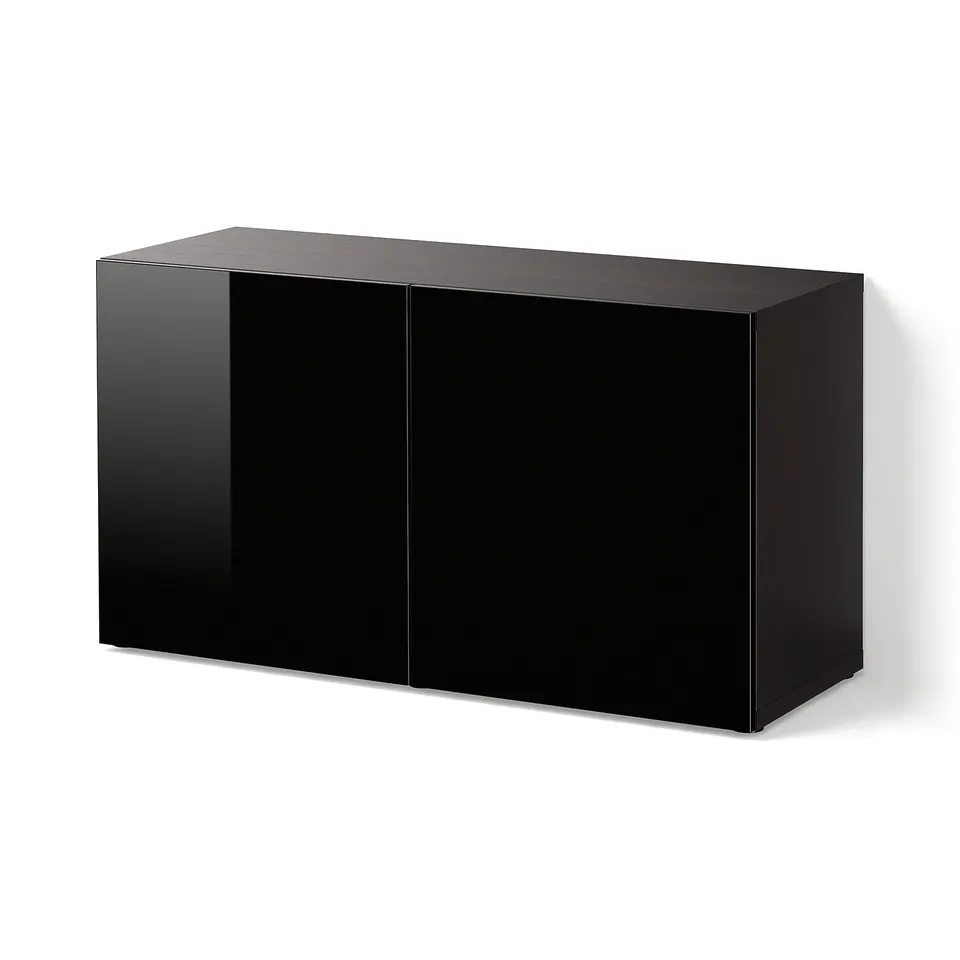 BESTÅ Shelf unit with doors, black-brown/Selsviken high-gloss/black, 120x42x64 cm