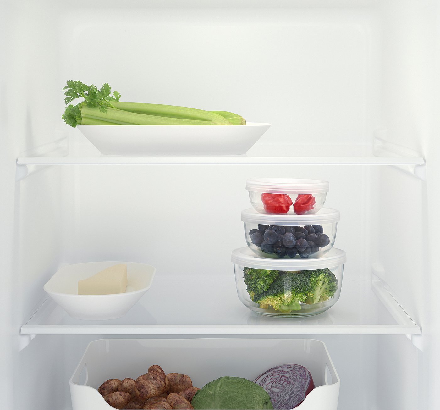 Fridge shelf with glass containers holding fruits, veggies, and cheese. Stackable, transparent, and odor-resistant for easy access and storage.