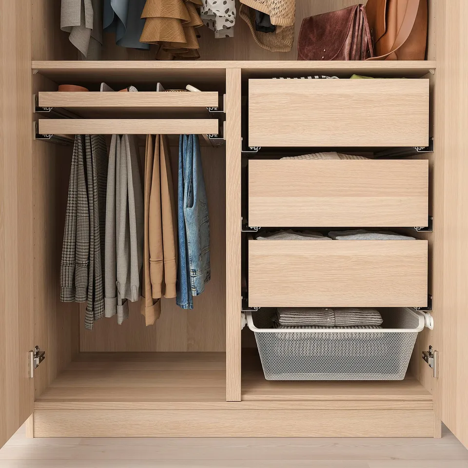 Wardrobe organiser with hanging and drawer sections, fits pax wardrobe.