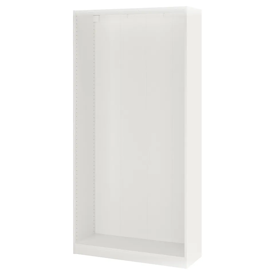 A white ikea PAX wardrobe frame, rectangular, ready for assembly, with a minimalist design.