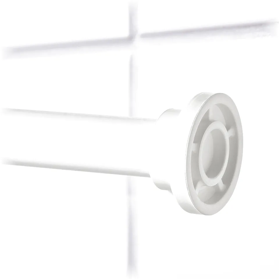 Close-up of white spring-loaded shower rod mechanism, sleek and modern design.