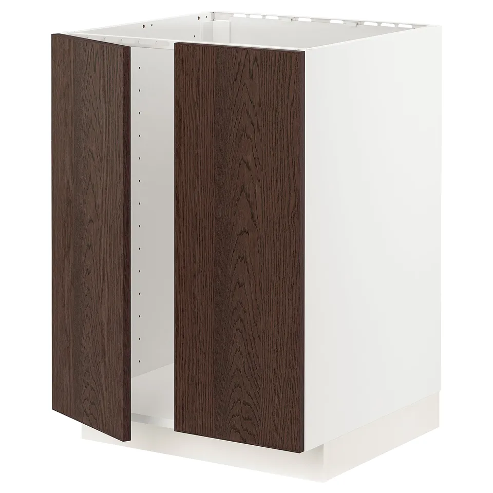 A white ikea METOD kitchen cabinet with dark brown sinarp wood veneer doors. The cabinet is rectangular with a modern design.