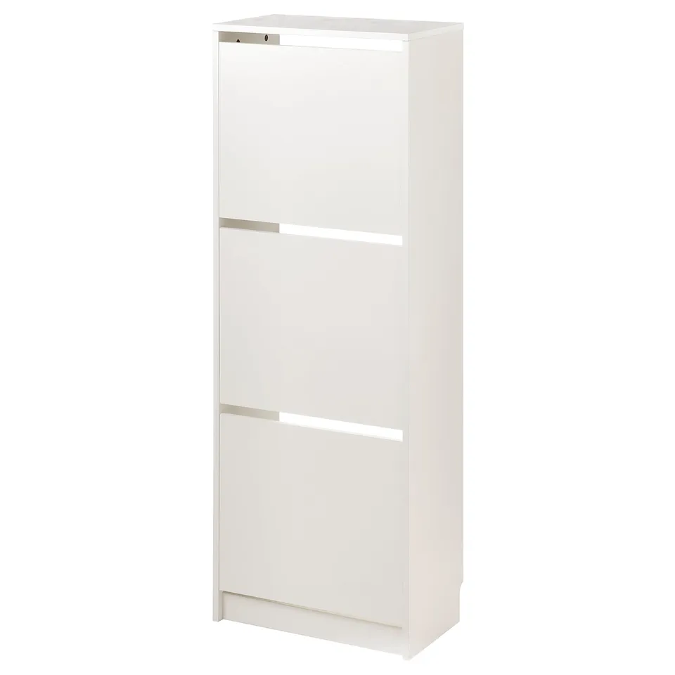 BISSA white shoe cabinet, slim & tall, 3 compartments, modern minimalist design.