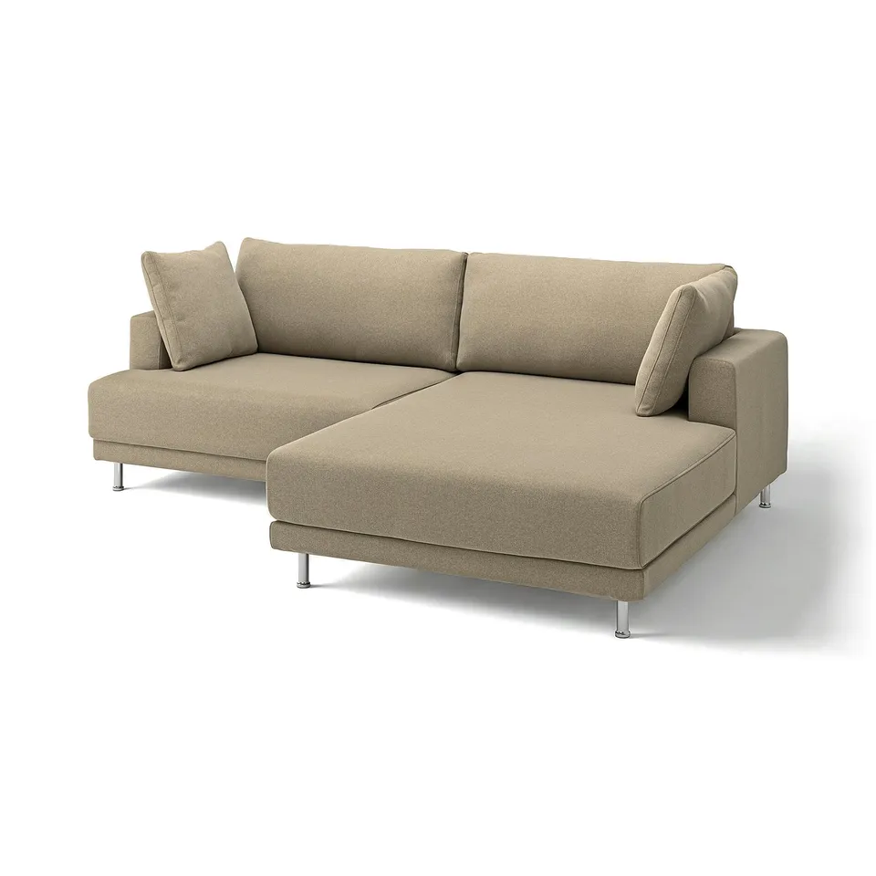UPPÅKRA sofa, beige, modern l-shape, plush cushions, chrome legs.
