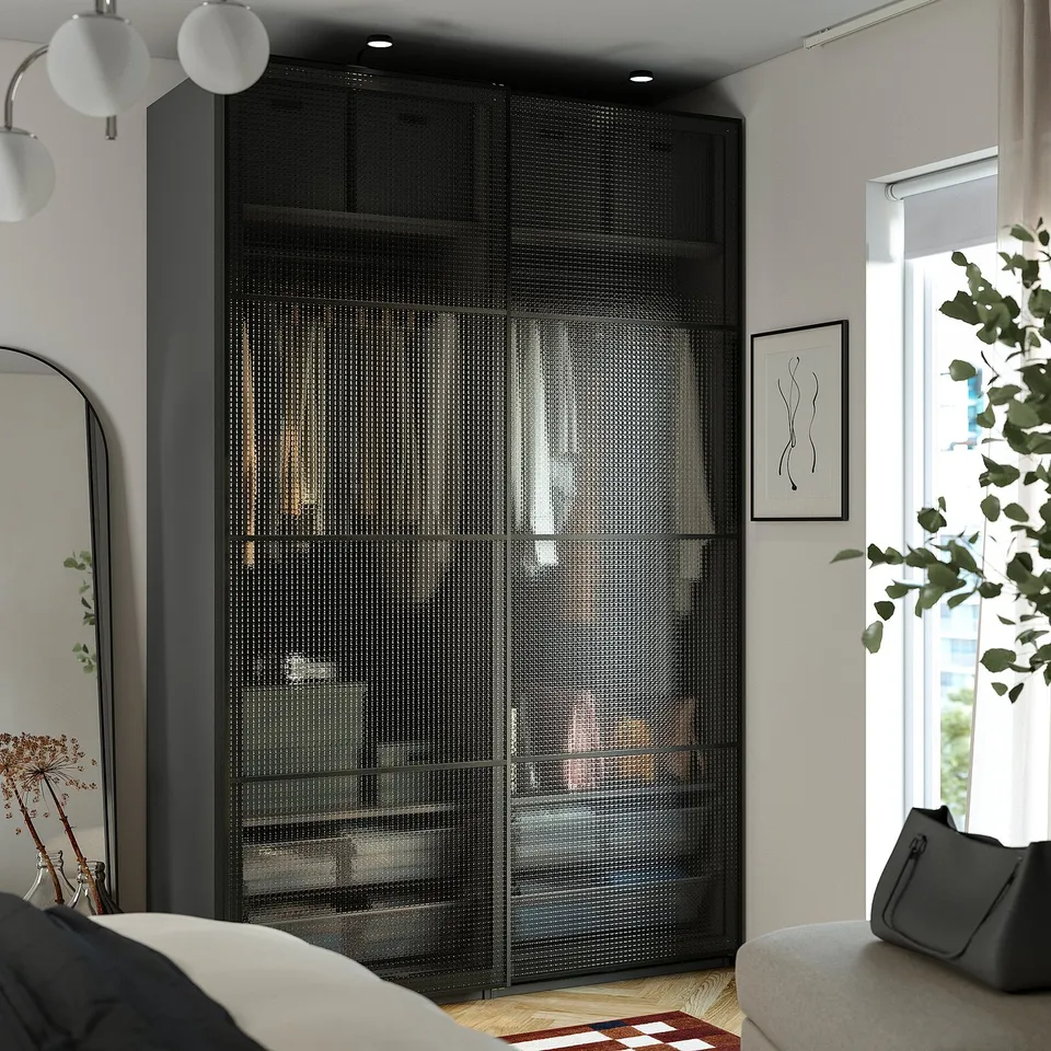 PAX / LUNDBRÄSMA Wardrobe with sliding doors, dark grey black/checkered glass, 150x66x236 cm
