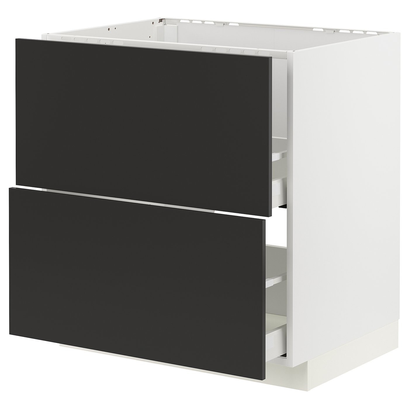 A modern black kitchen cabinet with a white frame, featuring two drawers and a sleek, minimalist design.