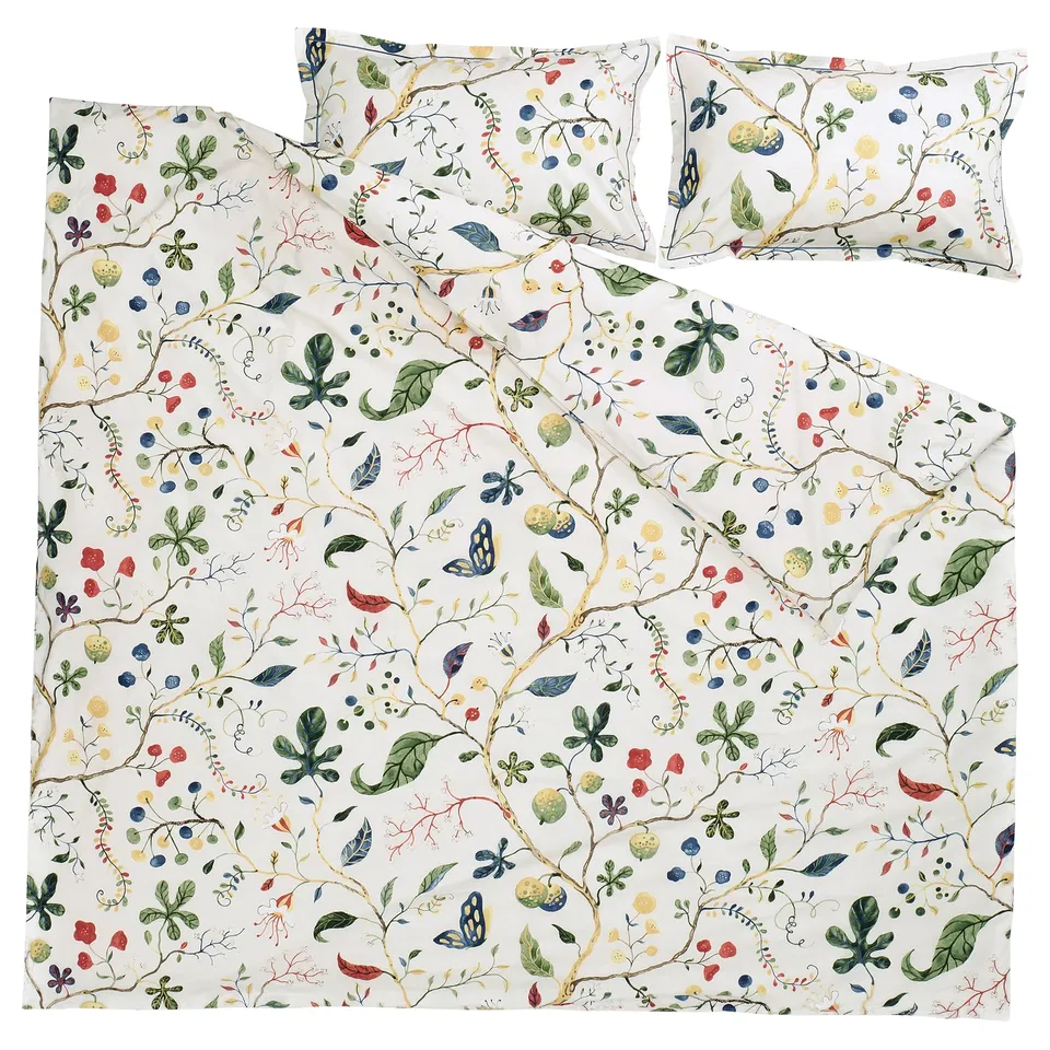 KRONBUSKE duvet set: white, floral design, cotton-lyocell blend, rectangular with pillow cases, crisp percale weave.