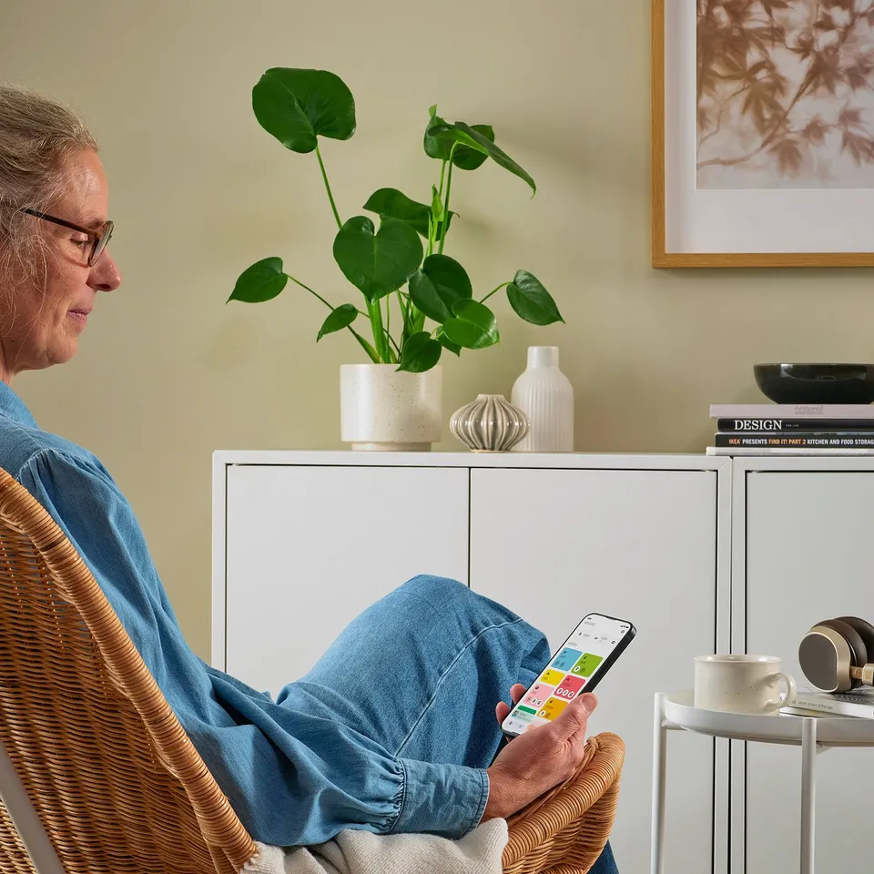Person sitting, holding a phone with colourful app, next to a plant in a white pot, on a side table with a mug.