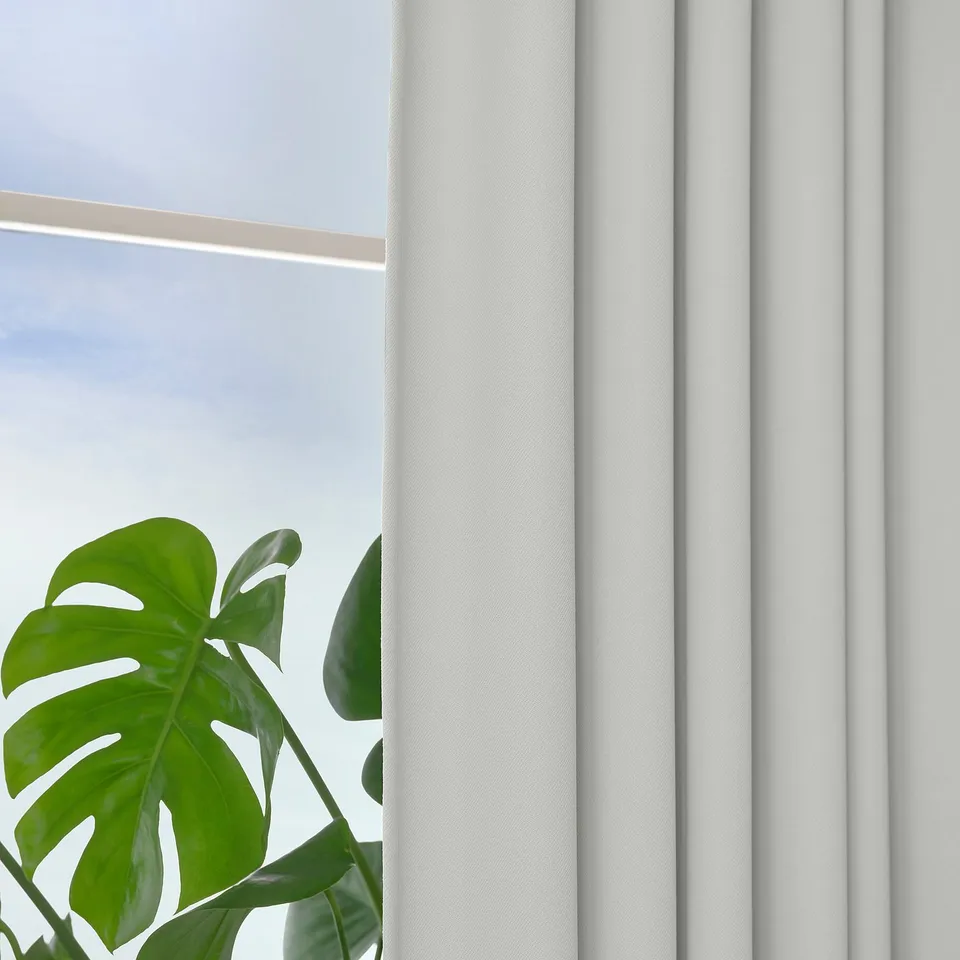 Vertical blinds block sunlight in a room. Large green plant leaf near them.