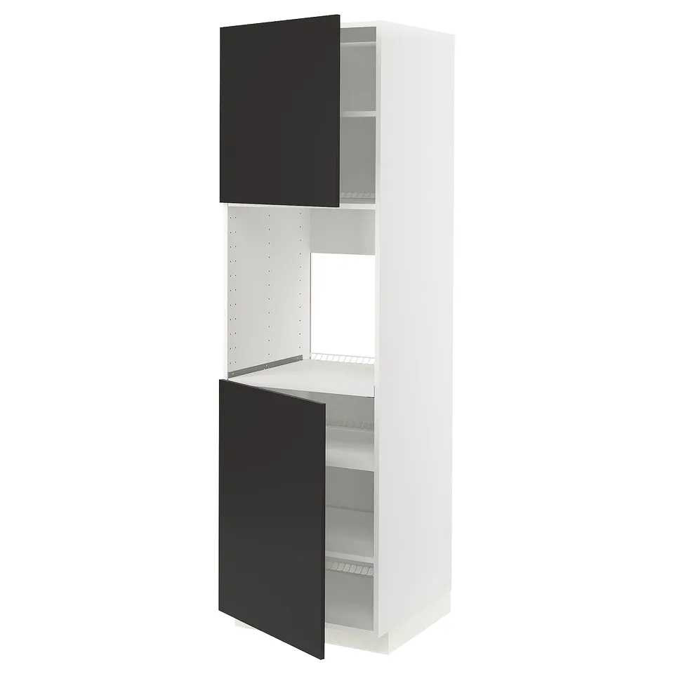 Displays a white and black kitchen cabinet from the METOD system, featuring a modern design with adjustable shelves and black matt doors.