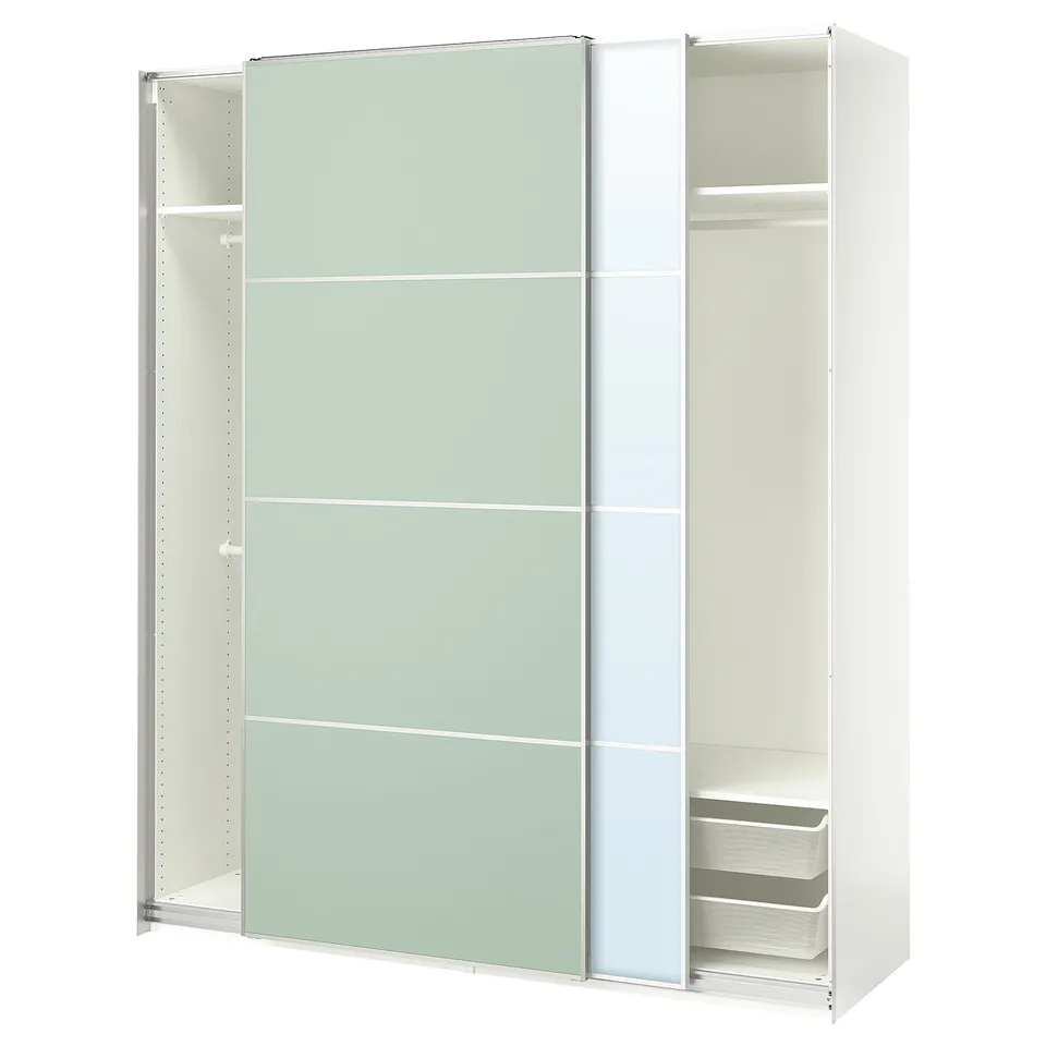 Modern white wardrobe with glass doors, sliding panels, and mesh basket.