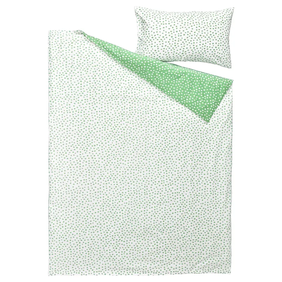 Bjorkgramal bedding set: green polka dot duvet cover & pillowcase, cotton-viscose blend.