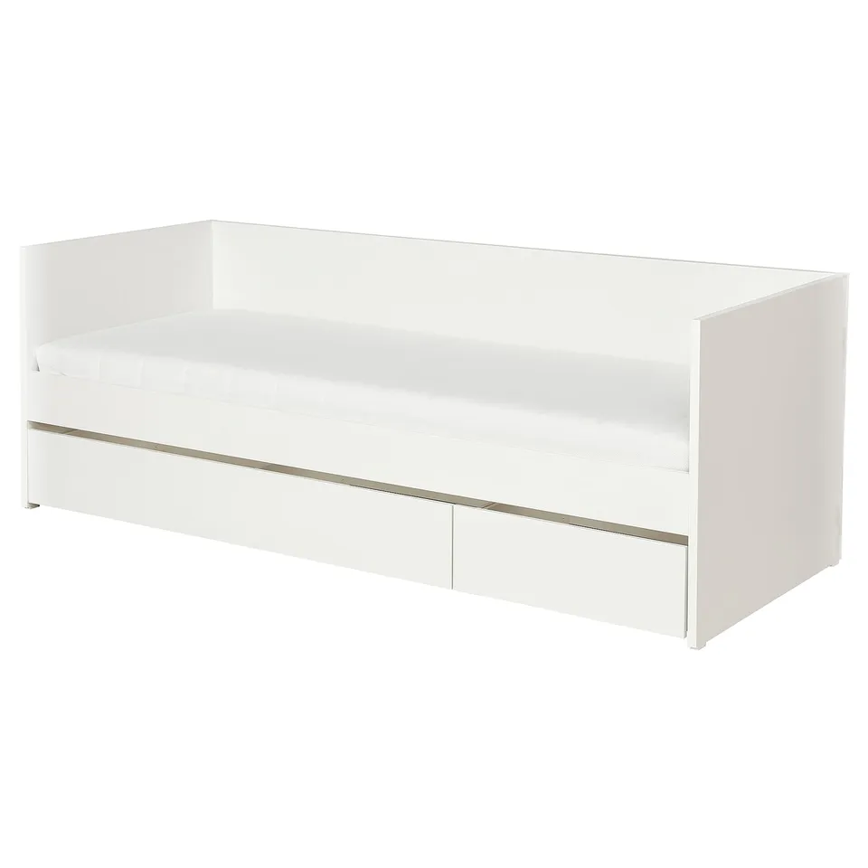 White VIHALS daybed with storage, minimalist design, clean lines.