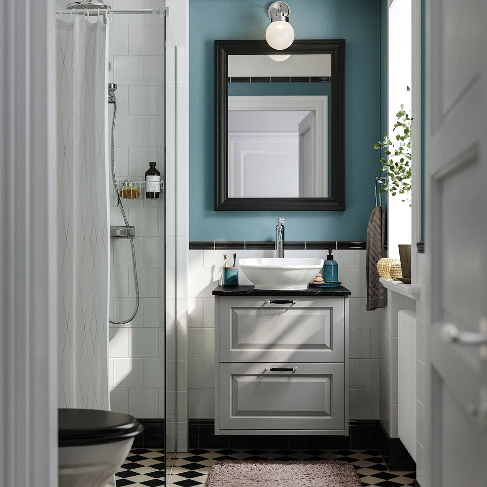 TÄNNFORSEN / VÄSTERSJÖN Wash-stnd w drawers/wash-basin, light grey/black marble effect, 62x49x79 cm