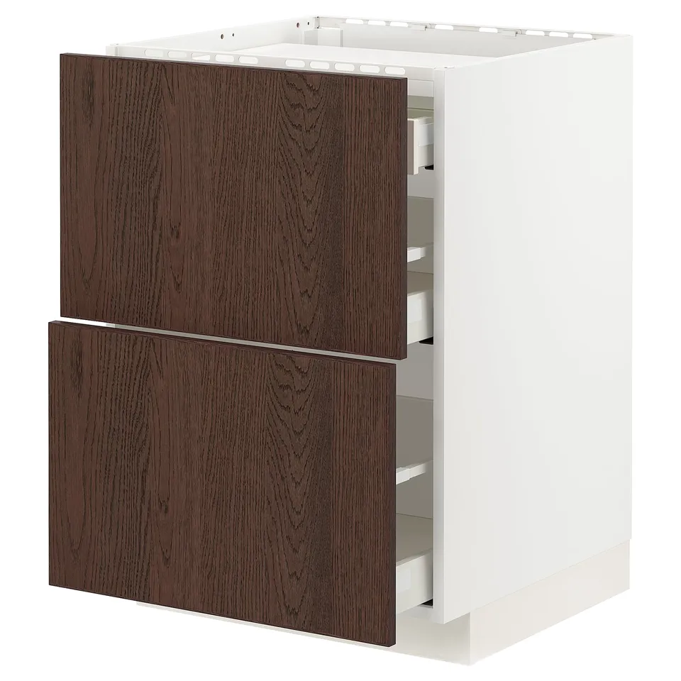 Modern kitchen unit, dark brown wood, white frame, three drawers, sleek design.