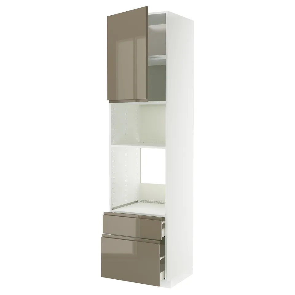 A white METOD kitchen unit with voxtorp high-gloss dark grey-brown drawers and doors featuring integrated handles.