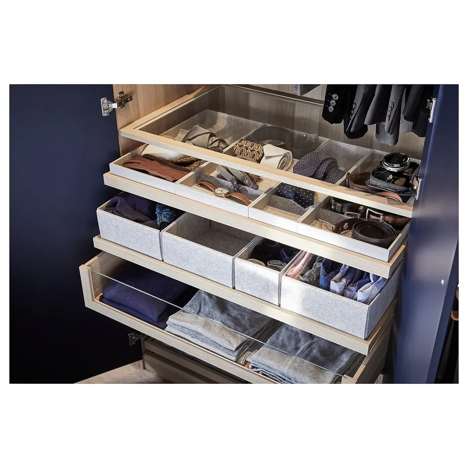 KOMPLEMENT wardrobe drawer with glass shelves, grey, stores ties, watches, and belts