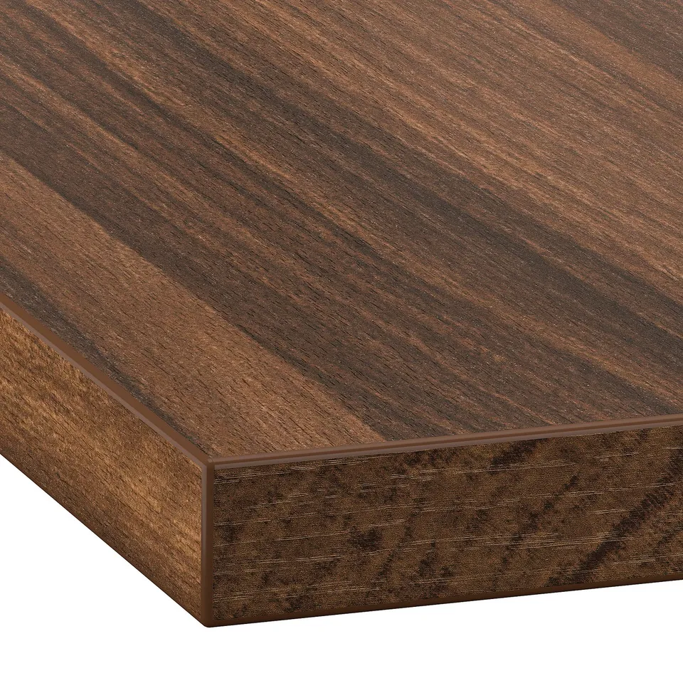 Wooden tabletop with rich, dark grain pattern. Edge detail visible, suggesting high-quality construction.