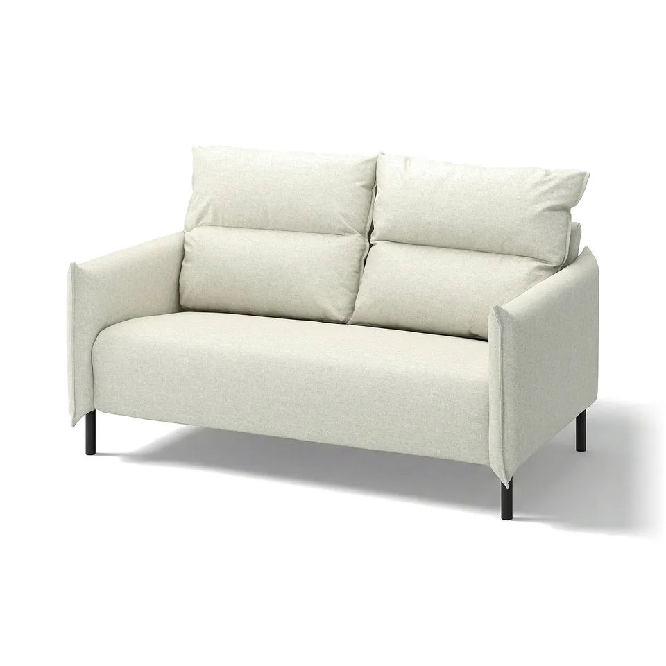 MANNARP sofa, cream, modern design, high back, soft cushions, black legs.