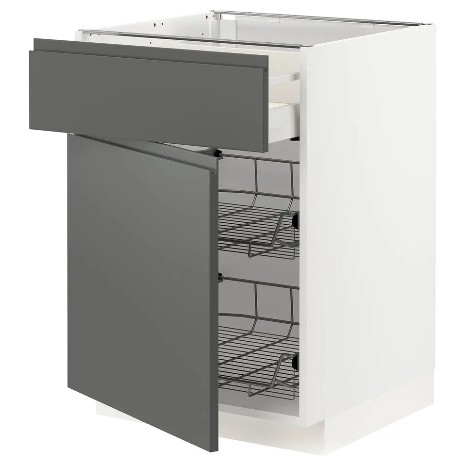 Modern grey drawer cabinet with white base, black wire racks by IKEA.